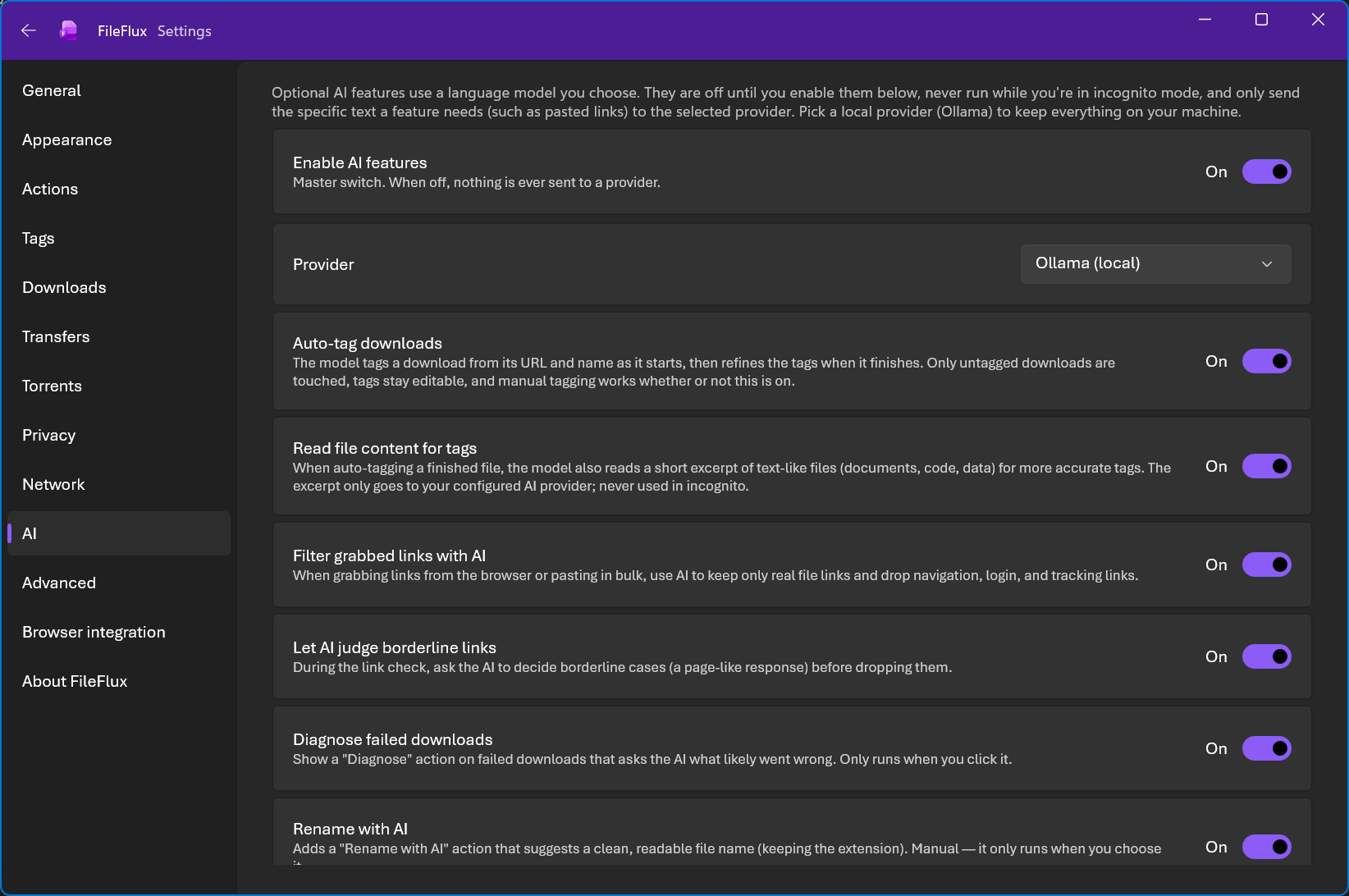 The FileFlux AI settings page, with every feature as its own switch