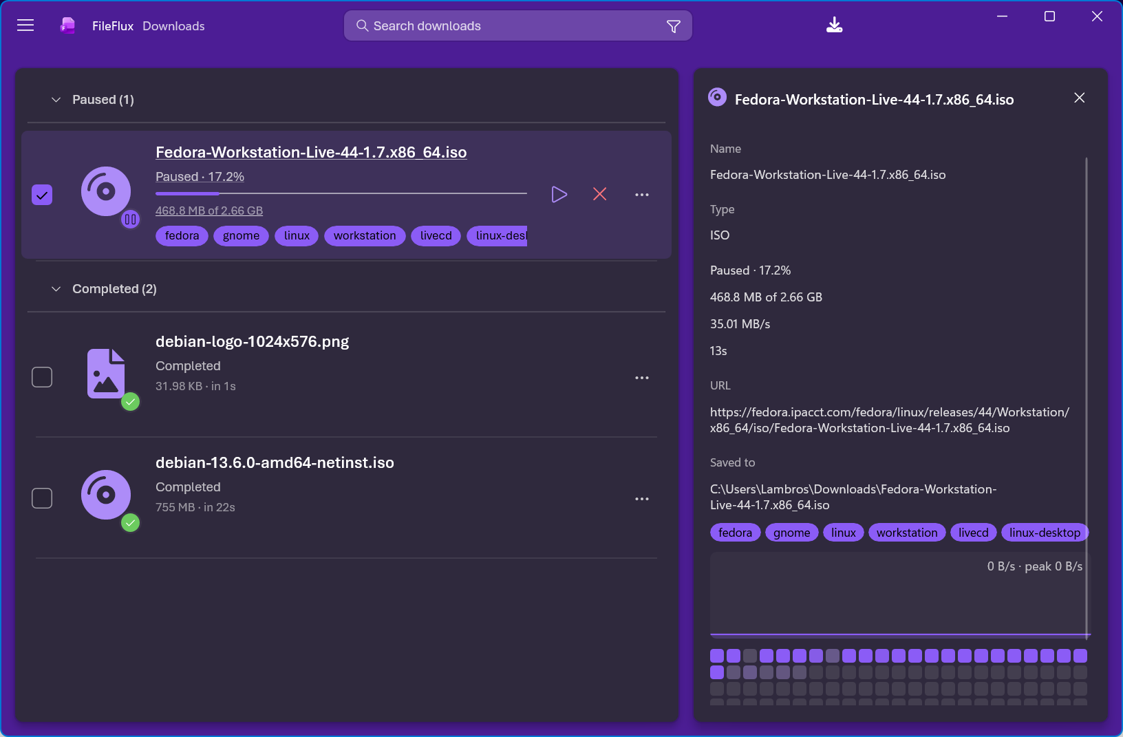 The FileFlux details pane showing a paused download with its tags, source URL, save path and piece map