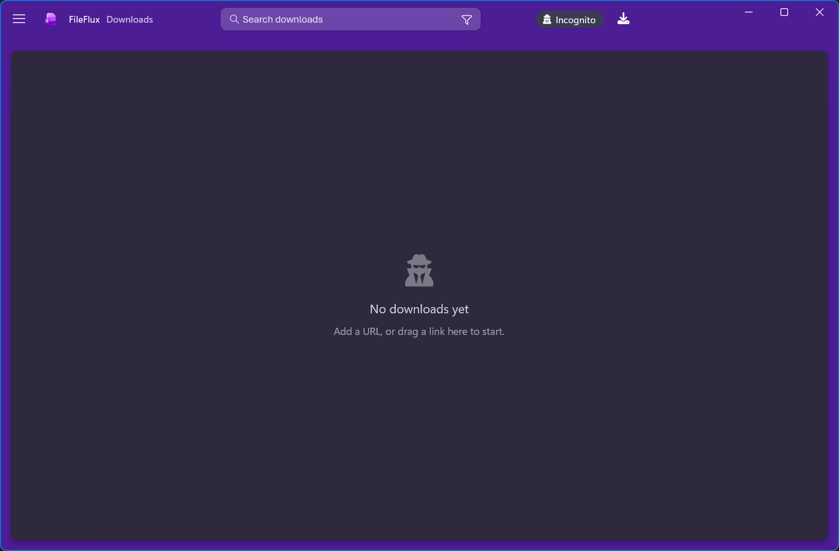 FileFlux in incognito mode, with an empty download list