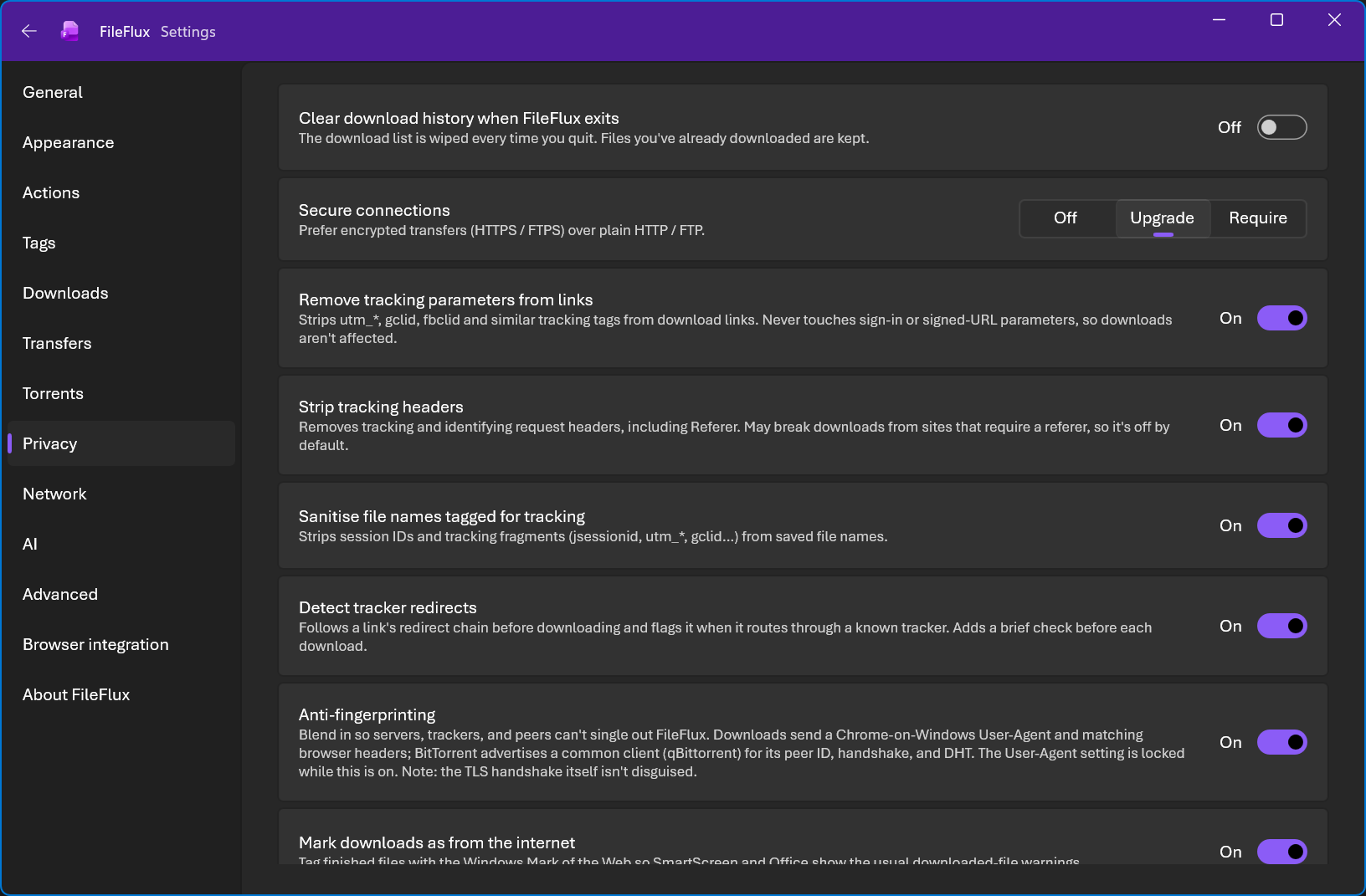 The FileFlux privacy settings page