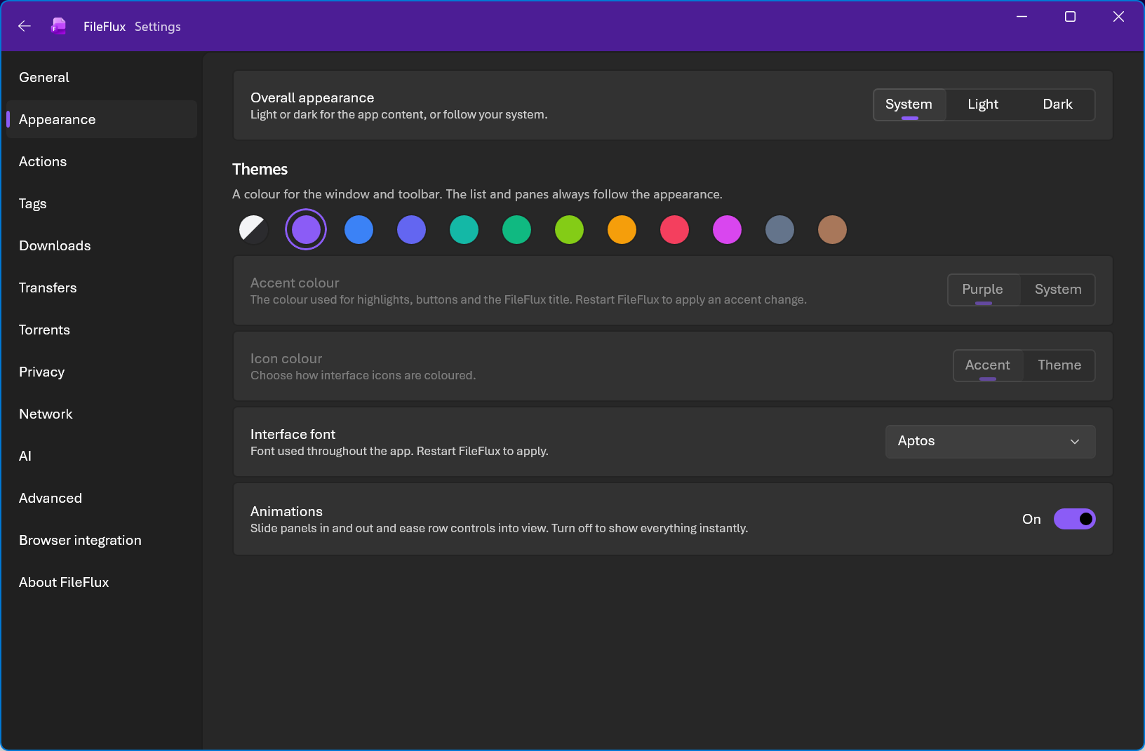 The FileFlux appearance settings, showing the twelve window themes
